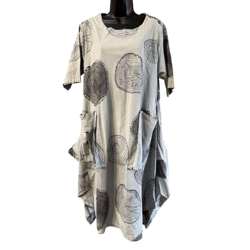 Made In Italy Gray Balloon Dress Tree Ring Print Pockets Lagenlook Artsy